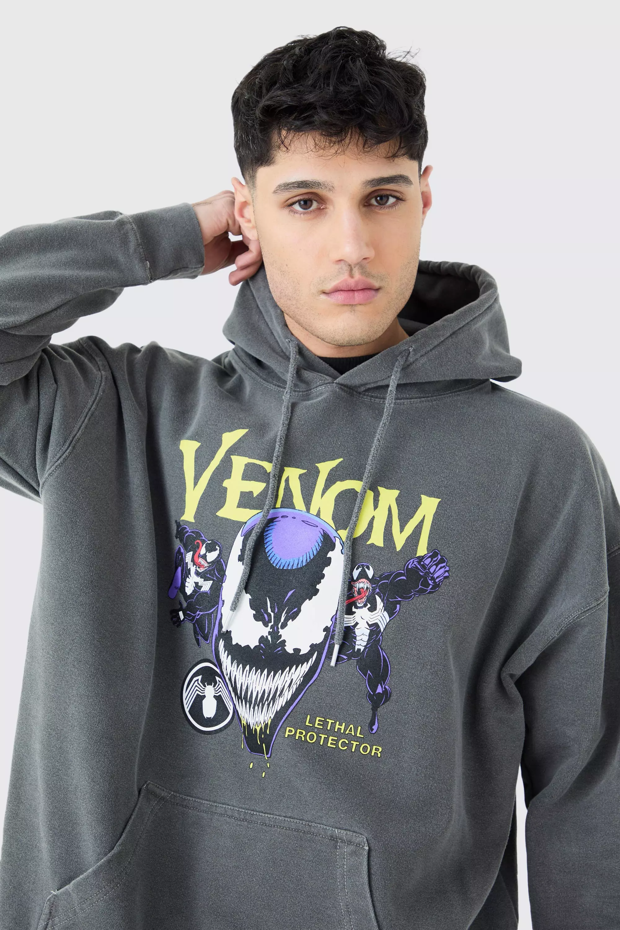 Oversized Venom Marvel Wash License Hoodie Charcoal