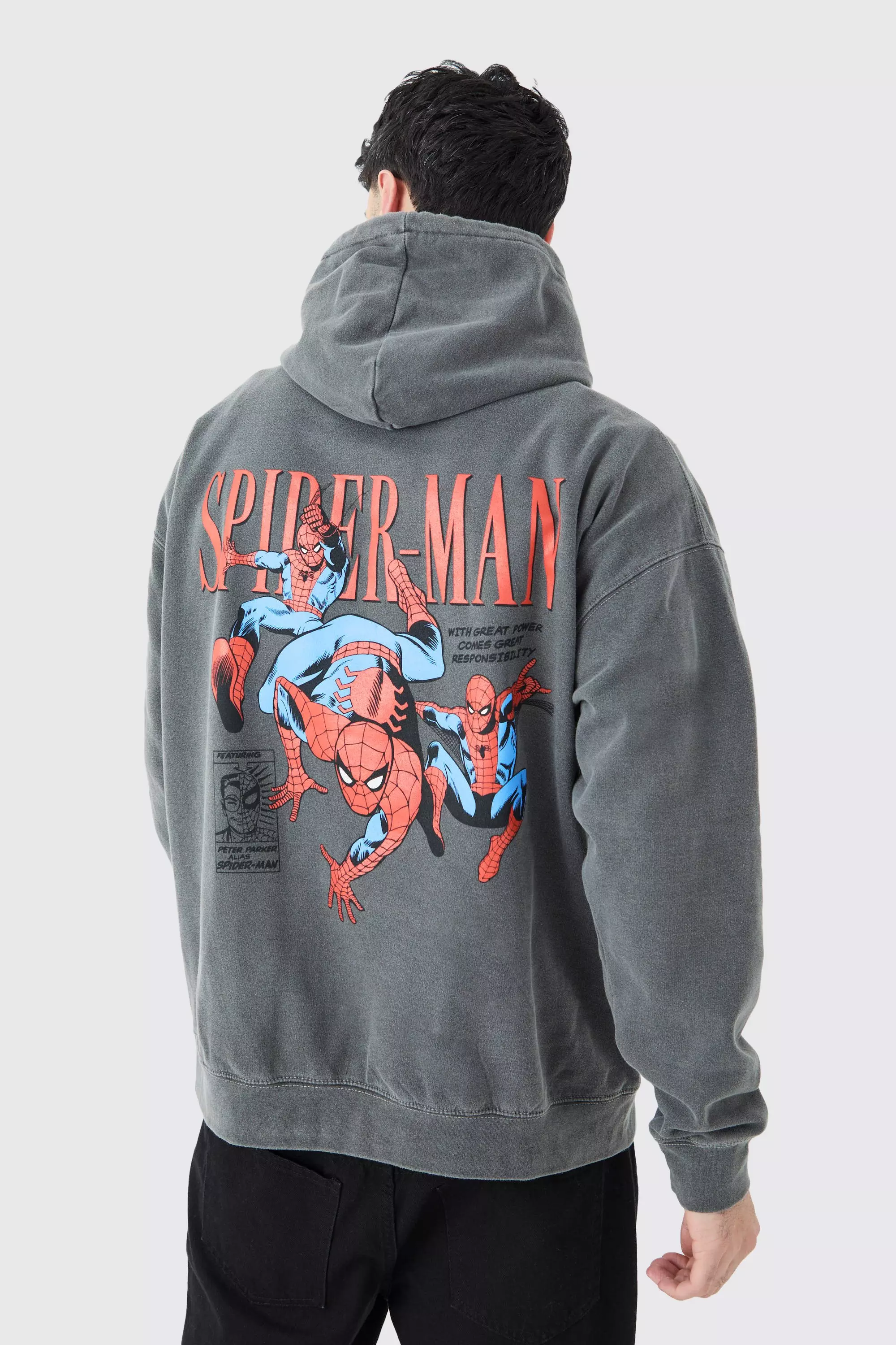 Oversized Spiderman Marvel Wash License Hoodie Charcoal