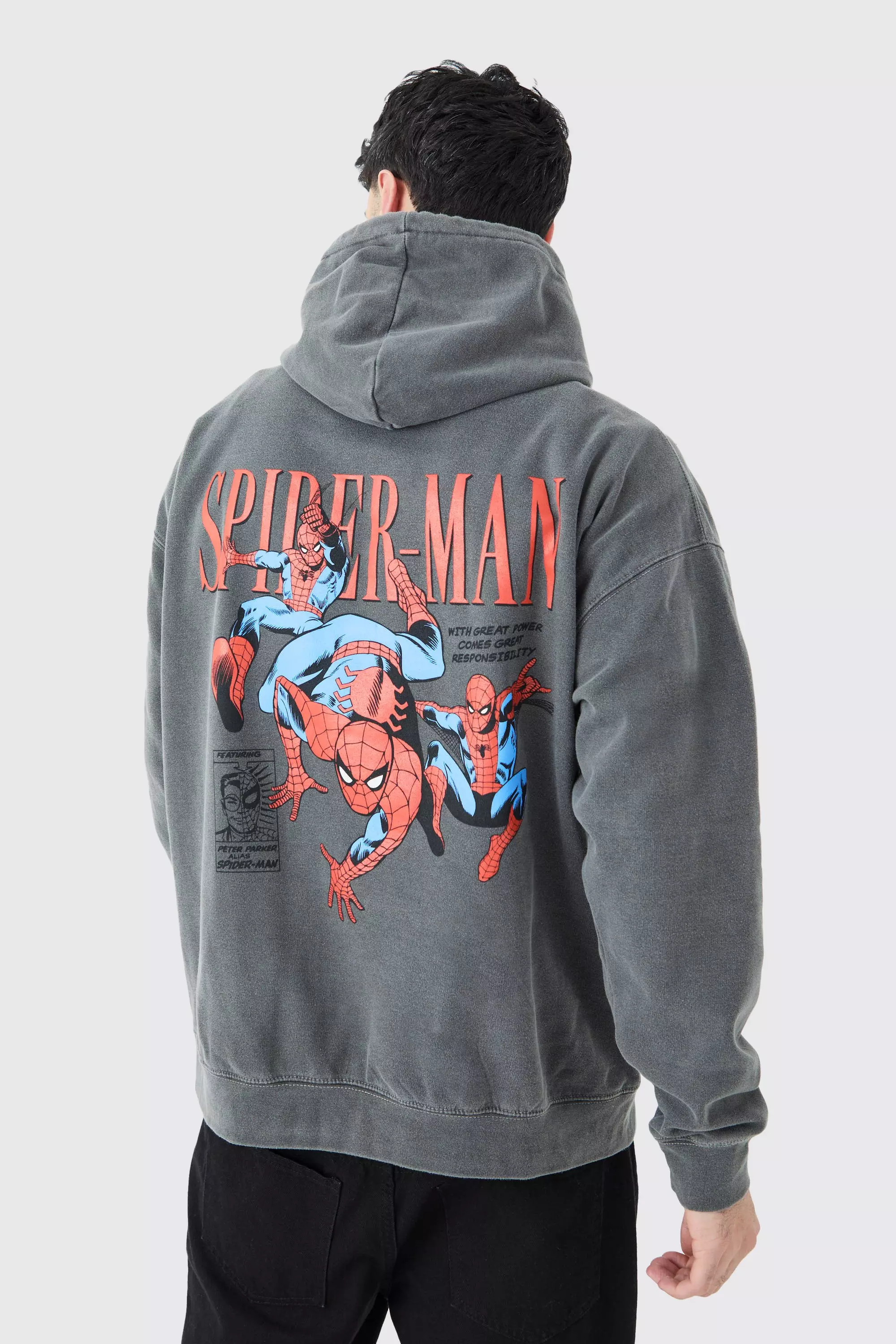 Charcoal Grey Oversized Spiderman Marvel Wash License Hoodie