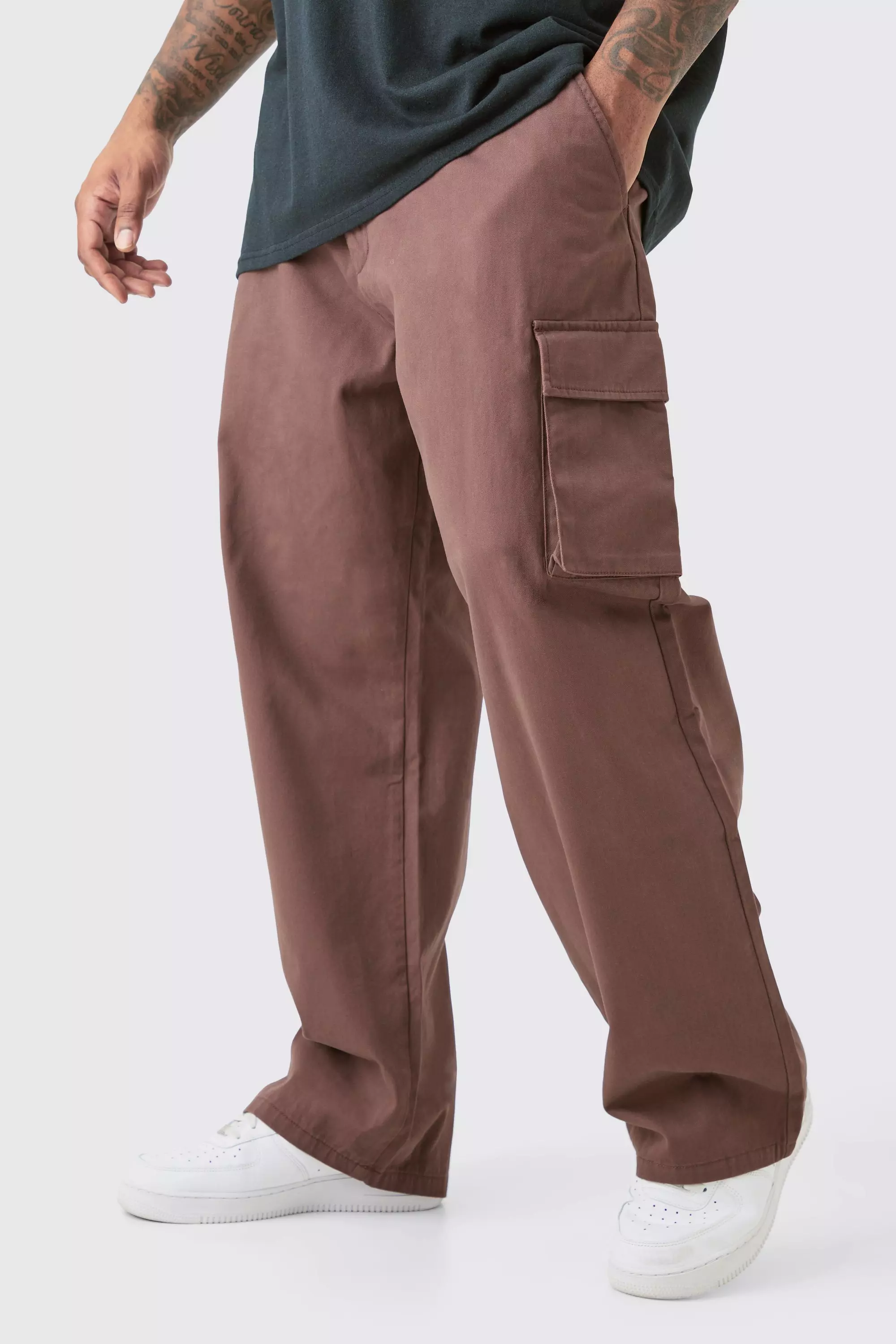 Plus Fixed Waist Relaxed Fit Cargo Pants Chocolate