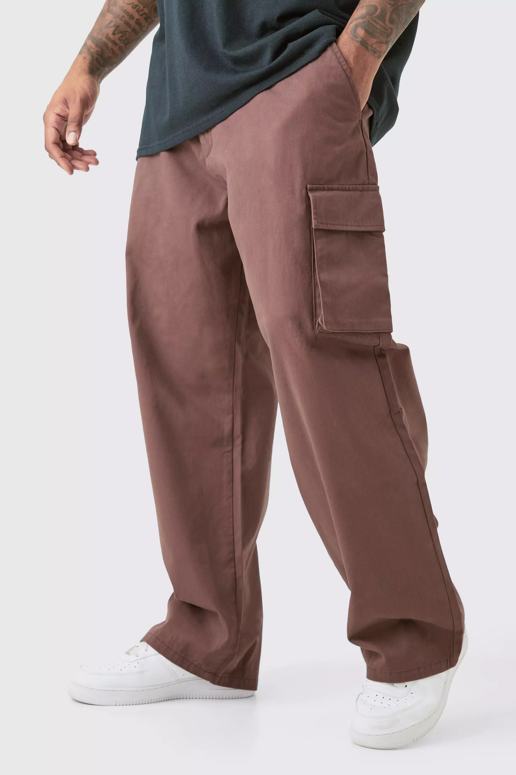 Chocolate Brown Plus Fixed Waist Twill Relaxed Fit Cargo Trouser