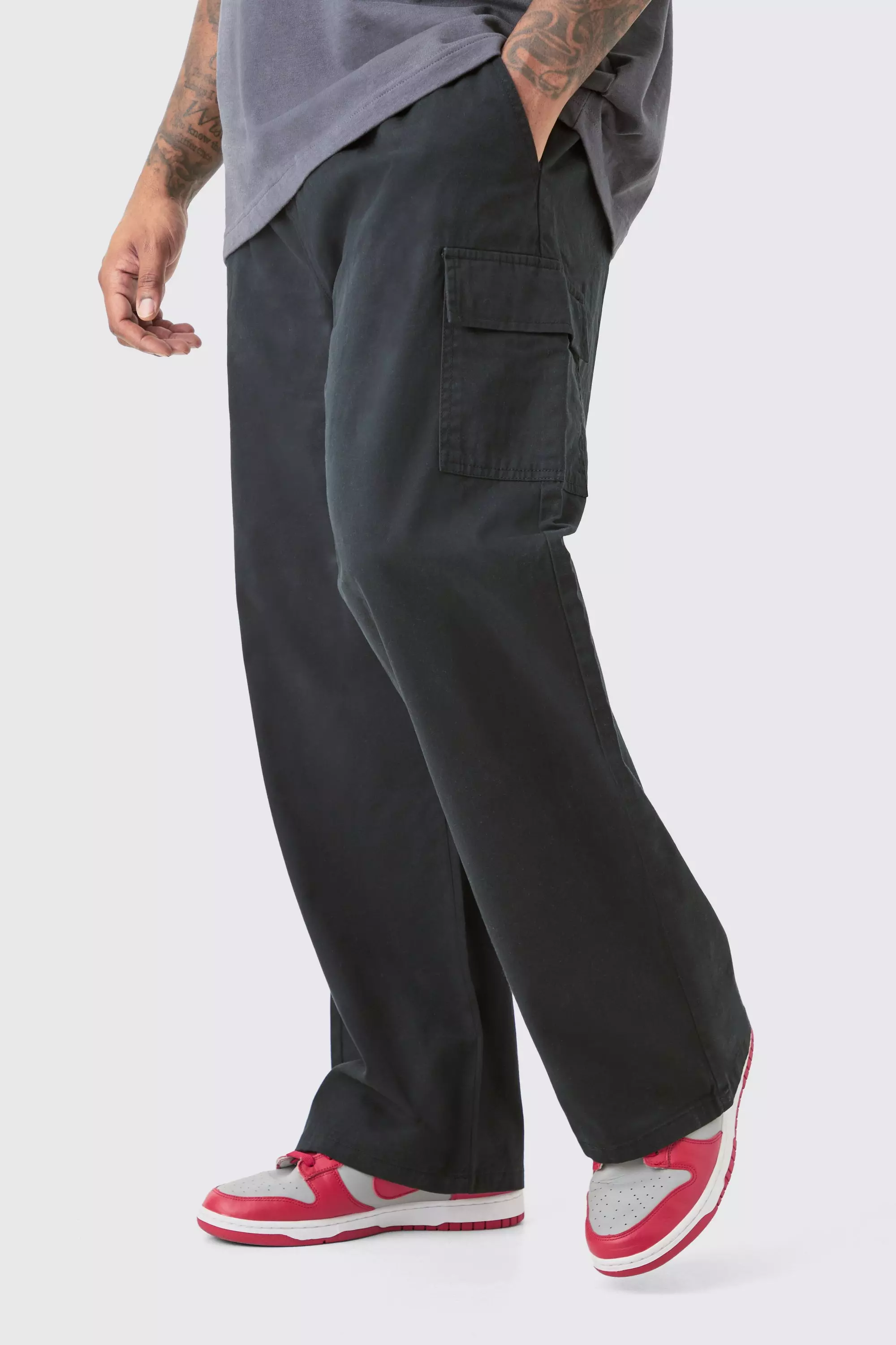 Plus Elasticated Waist Relaxed Fit Cargo Pants Black