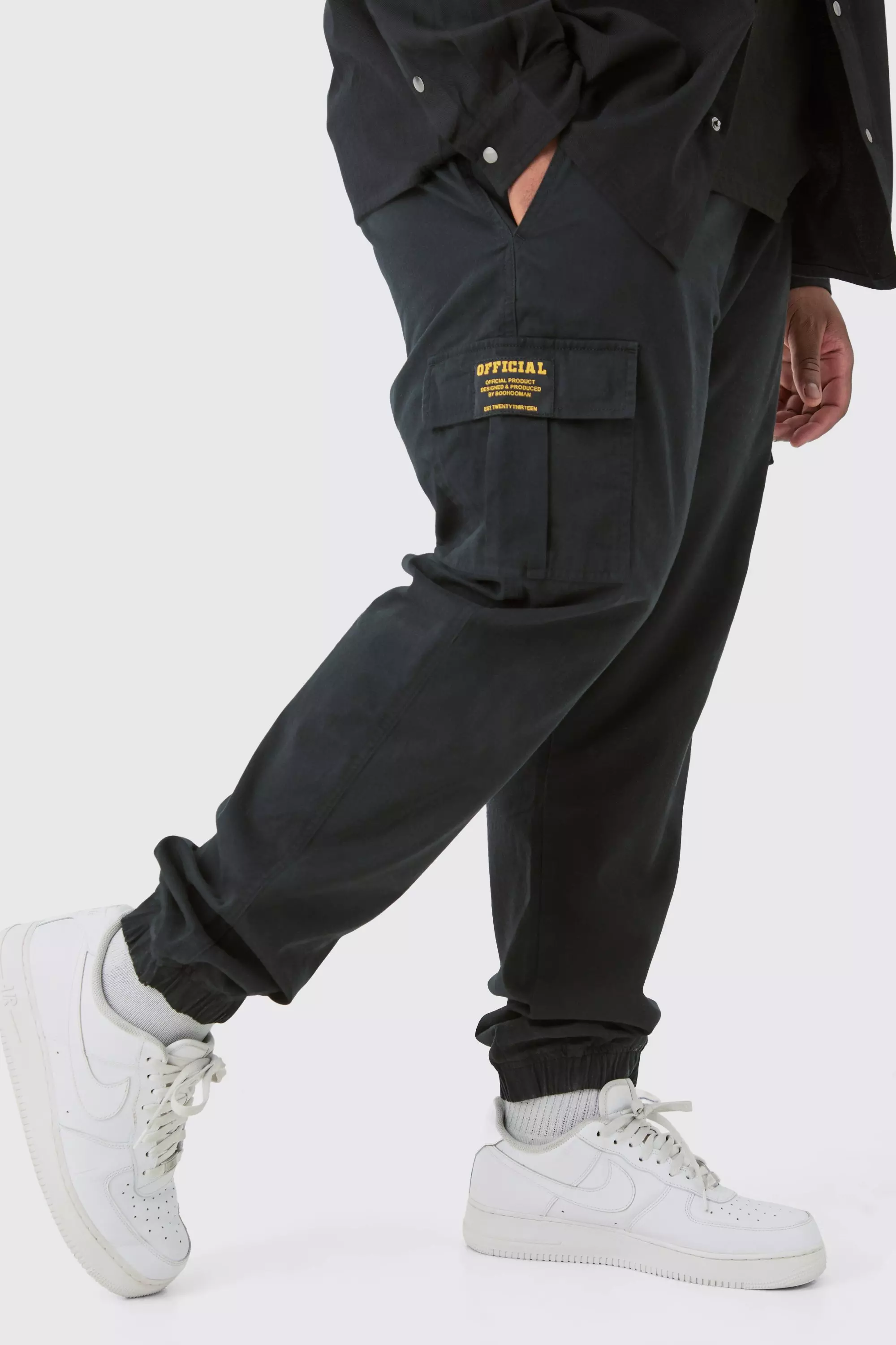 Plus Elasticated Waist Twill Slim Fit Cargo Tab Trouser Black