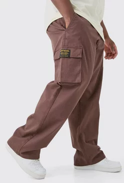 Chocolate Brown Plus Fixed Waist Twill Relaxed Fit Cargo Tab Trouser