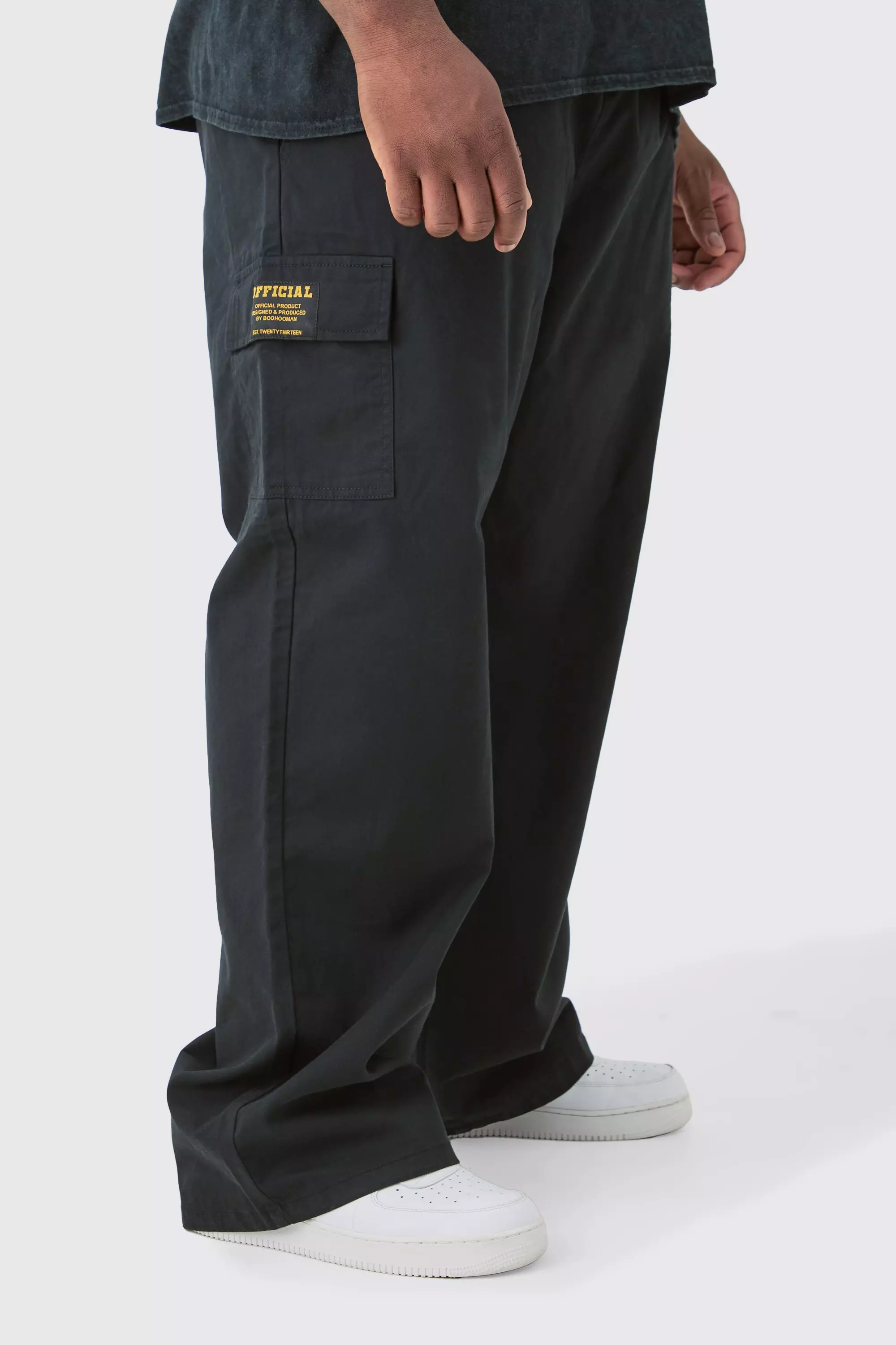 Black Plus Elasticated Waist Twill Relaxed Fit Cargo Tab Pants