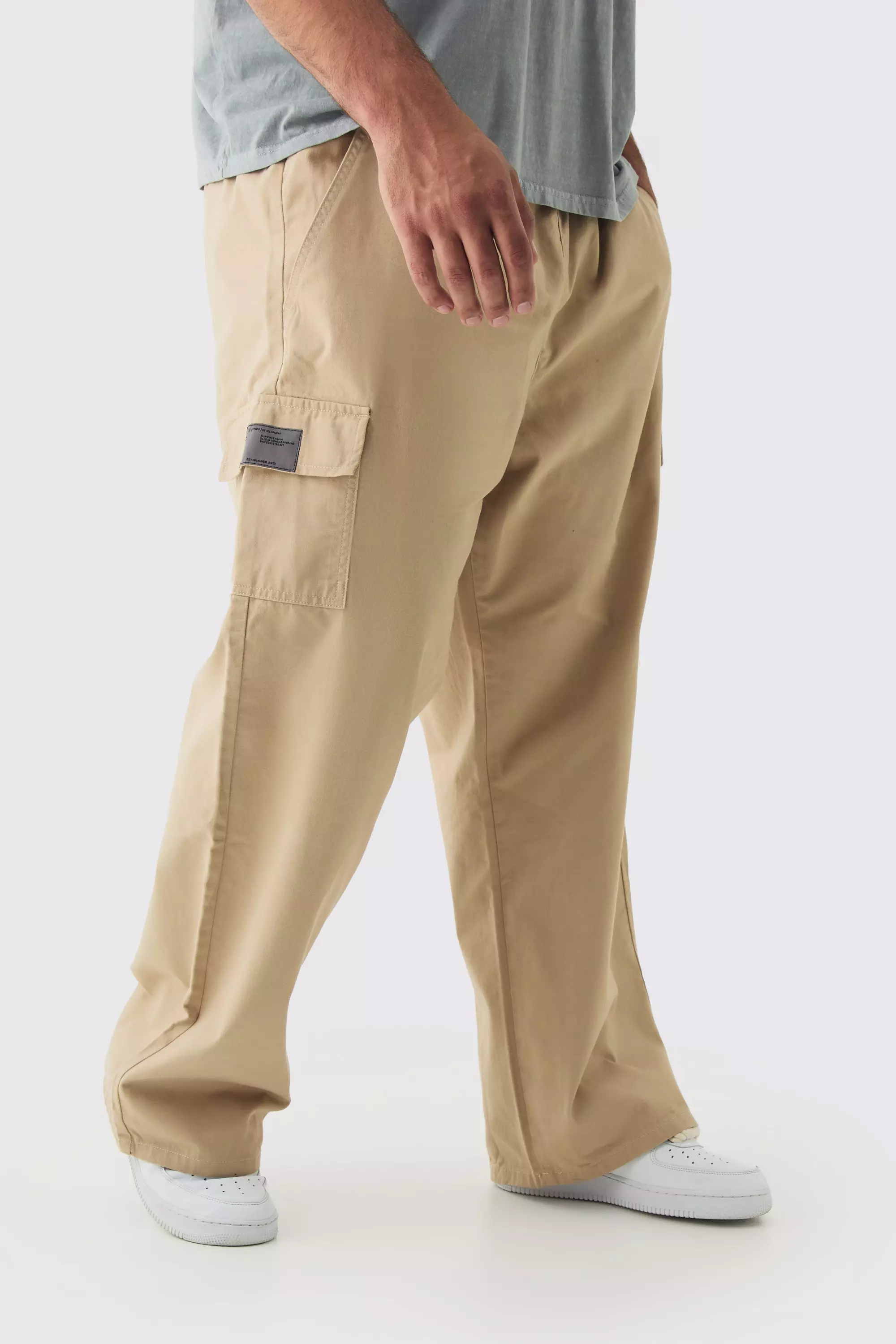 Plus Elastic Waist Twill Relaxed Fit Cargo Tab Pants Stone