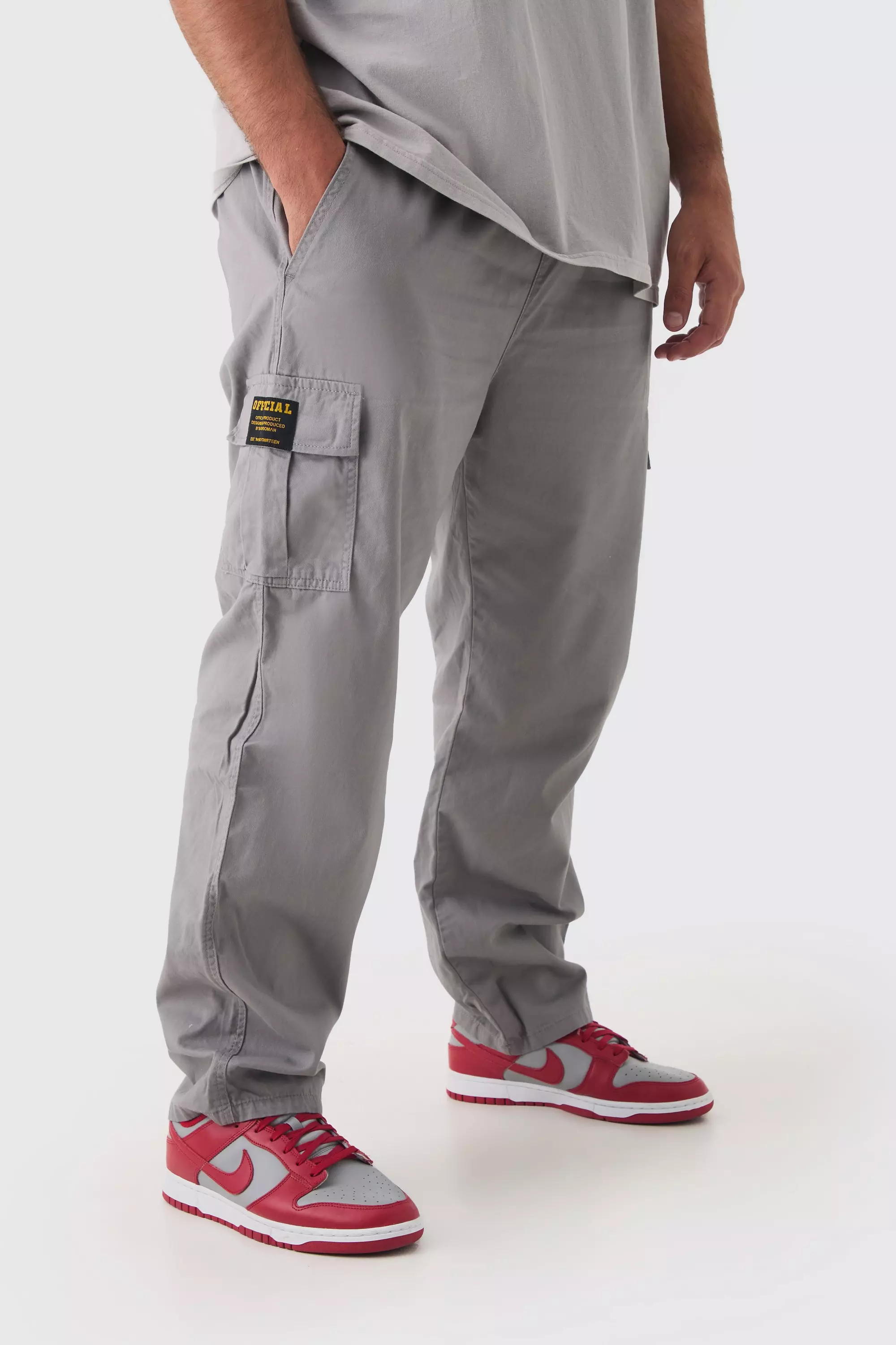 Plus Fixed Waist Straight Fit Cargo Pants Grey