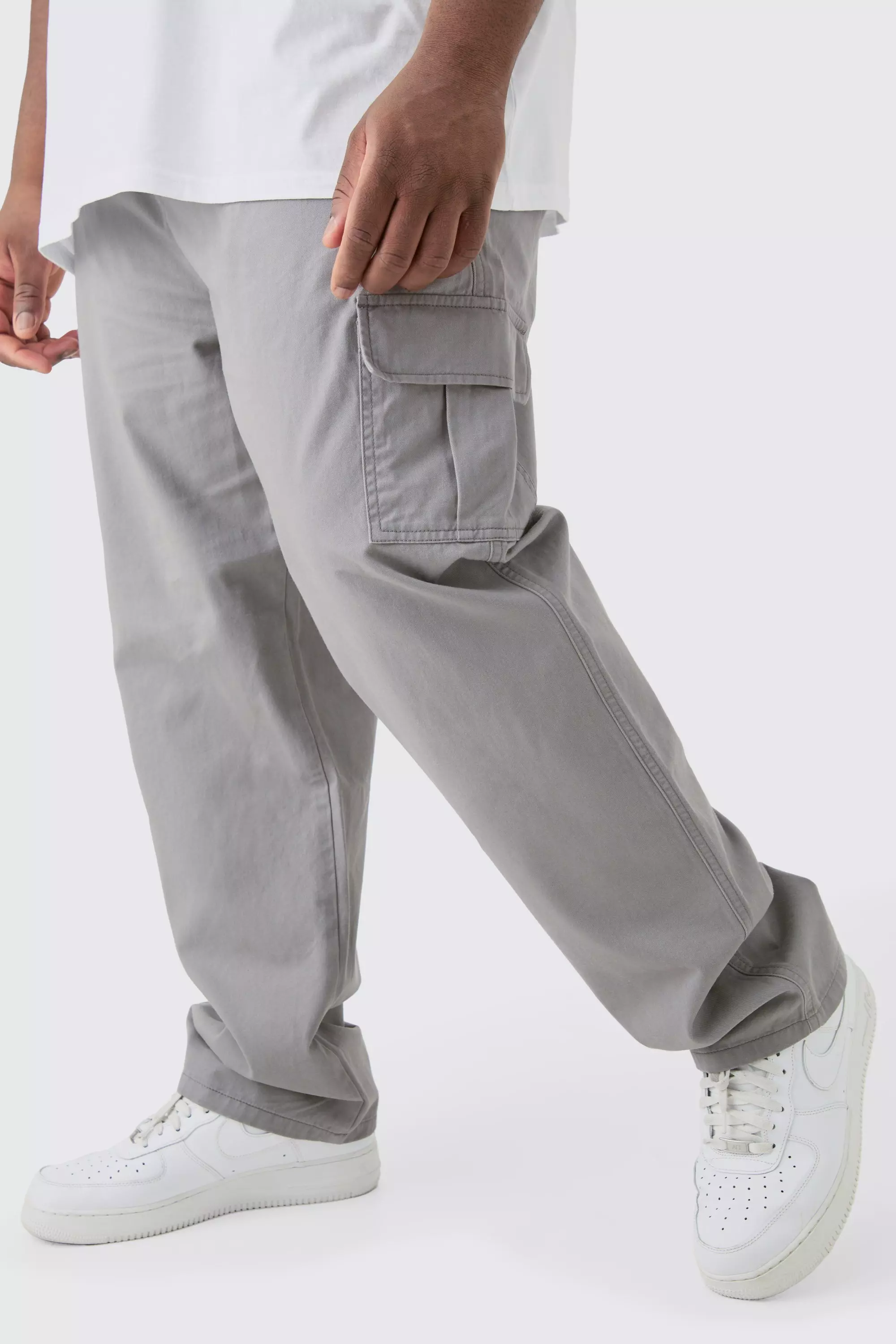 Plus Fixed Waist Twill Straight Leg Cargo Tab Trouser Grey