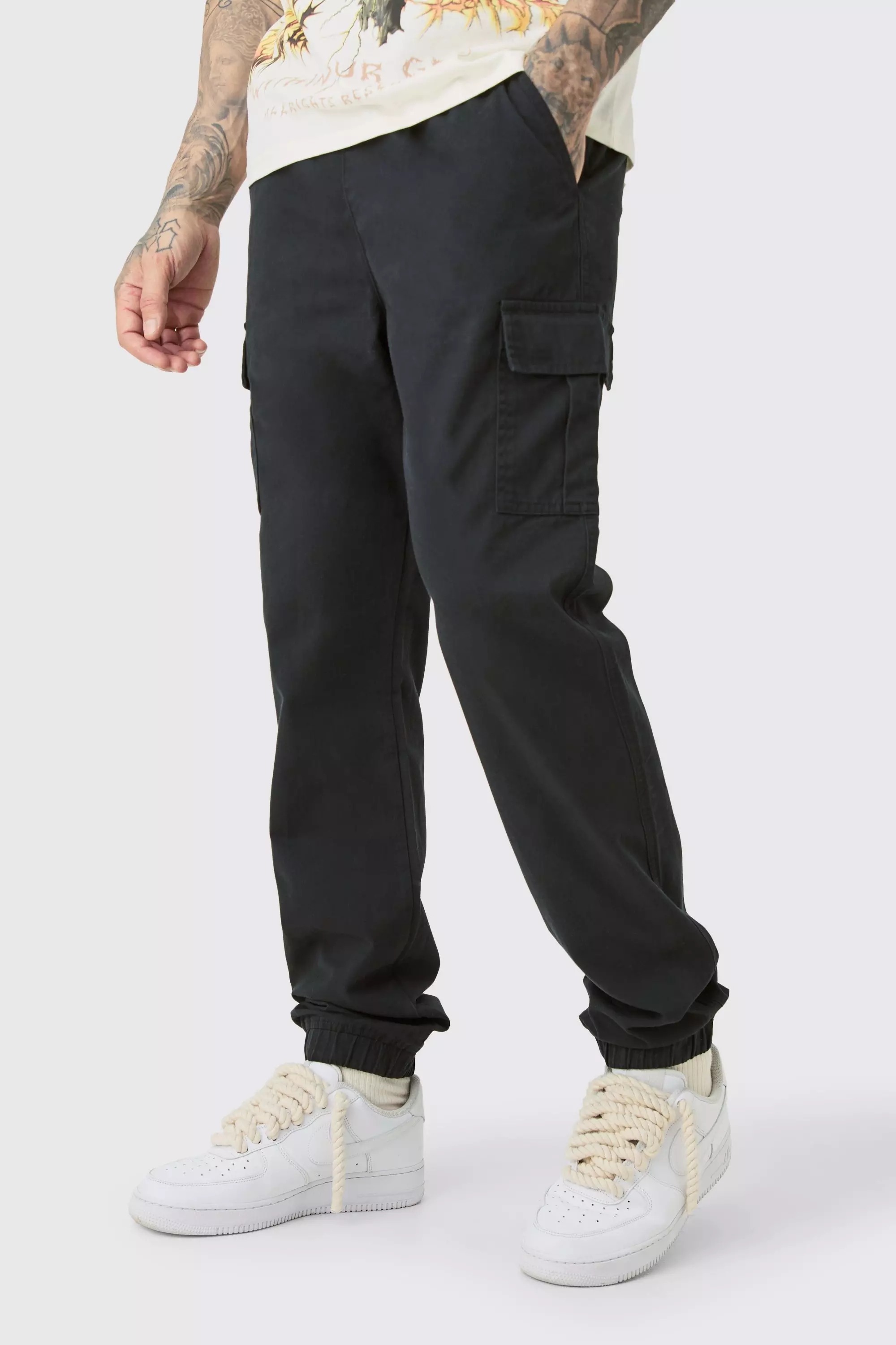 Tall Elastic Waist Twill Slim Fit Cargo Trouser Black