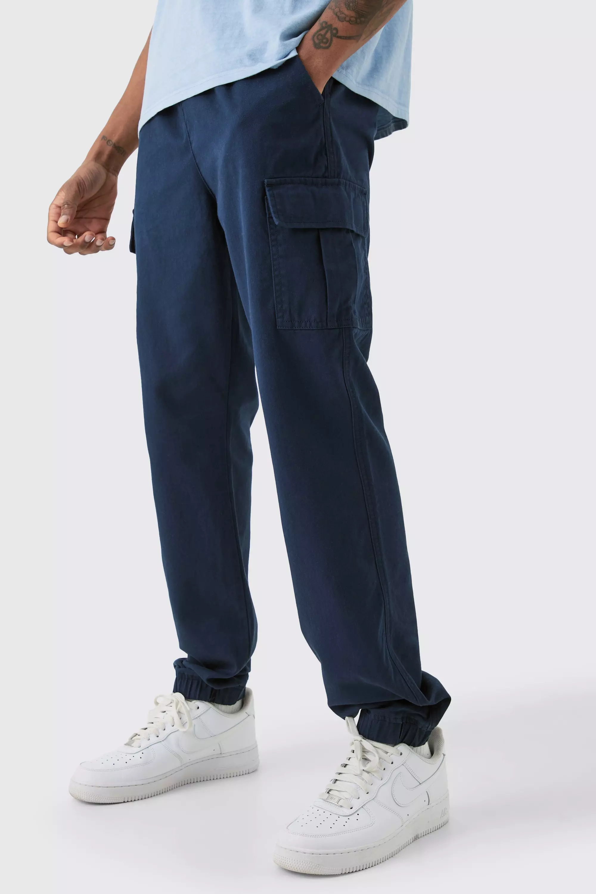 Navy Tall Elasticated Waist Twill Slim Fit Cargo Pants