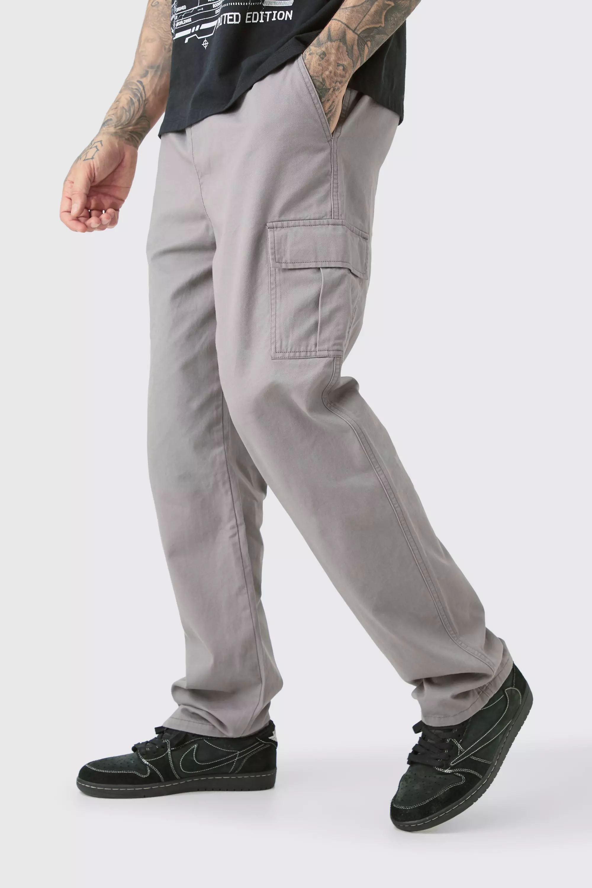 Tall Fixed Waist Twill Straight Leg Cargo Trouser Grey