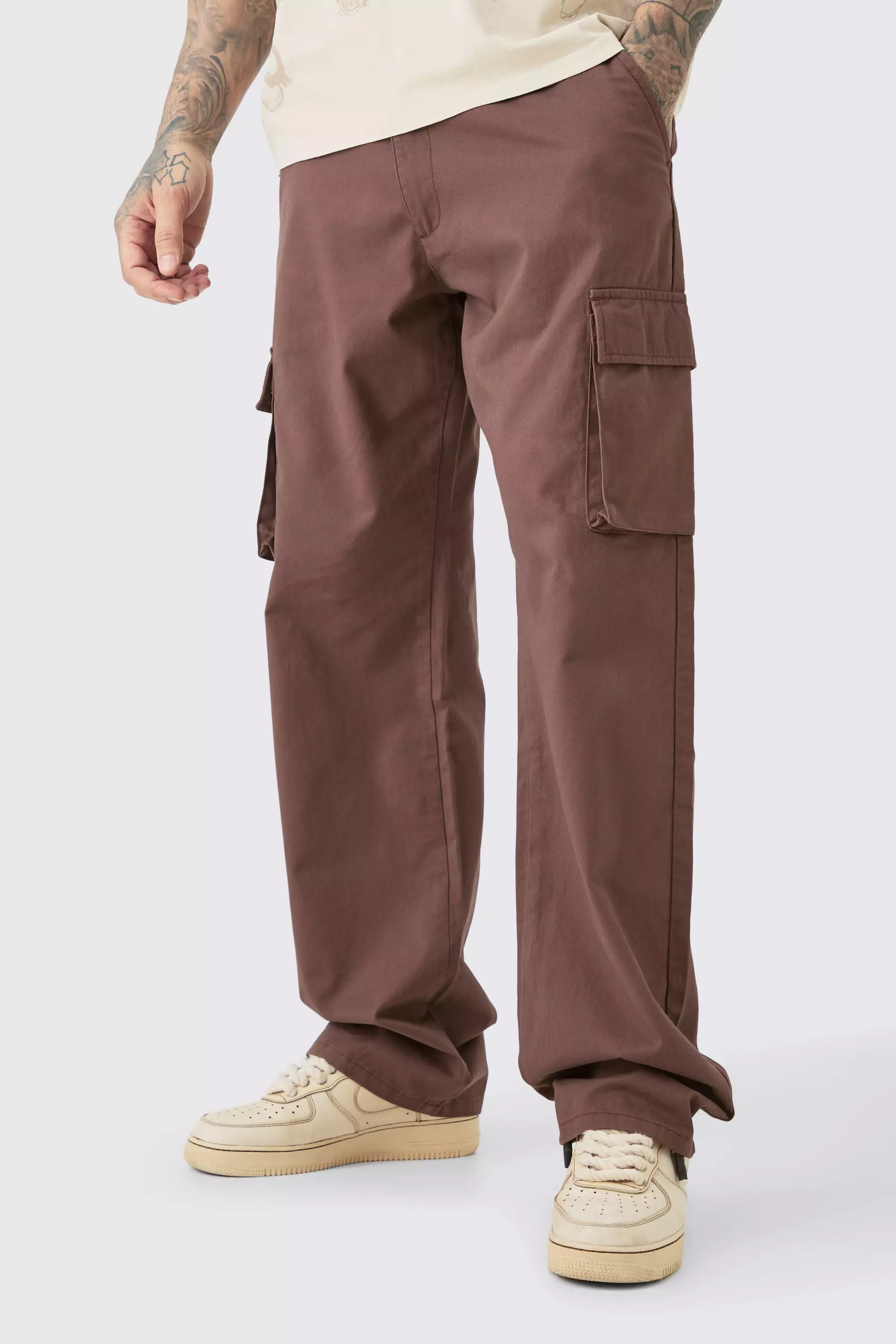 Tall Fixed Waist Twill Relaxed Fit Cargo Tab Trouser Chocolate