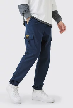 Navy Tall Elastic Waist Twill Slim Fit Cargo Tab Trouser