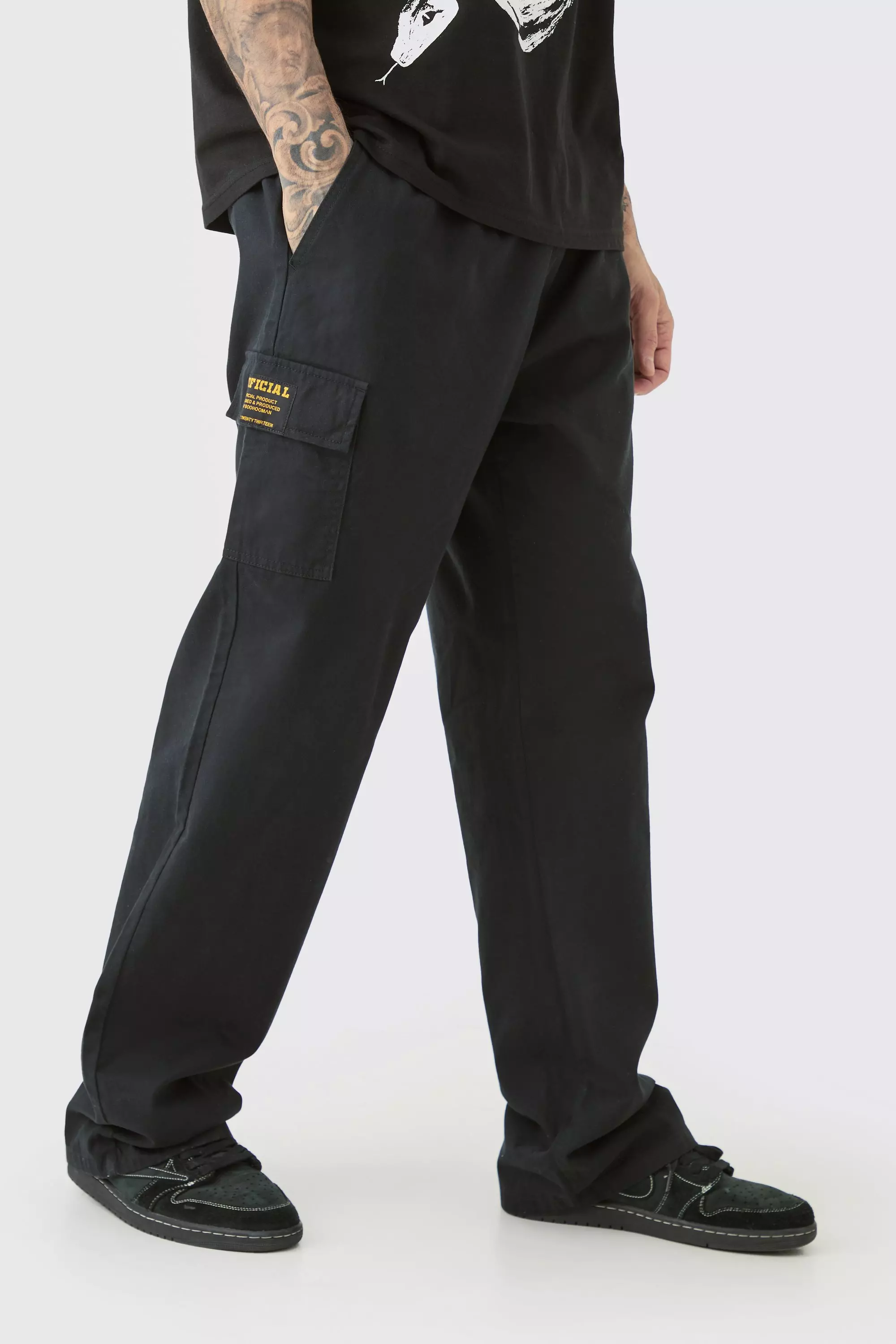 Black Tall Elastic Waist Twil Relaxed Fit Cargo Tab Trouser