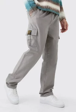 Grey Tall Fixed Waist Twill Straight Leg Cargo Tab Trouser