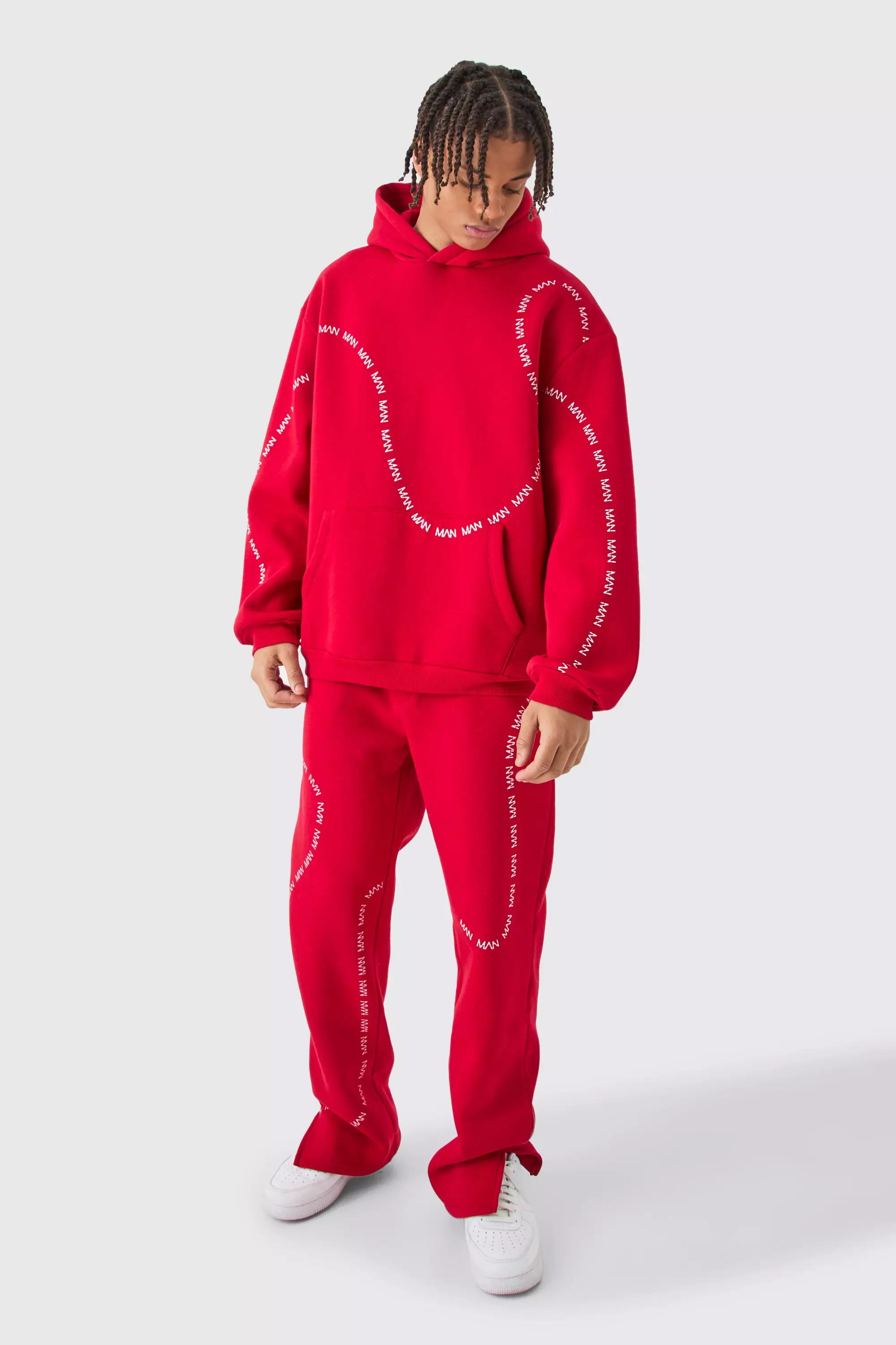 Red Oversized Man Dash Printed Split Hem Tracksuit