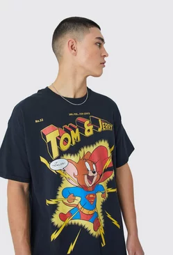 Oversized Tom And Jerry Hero License T-shirt Black