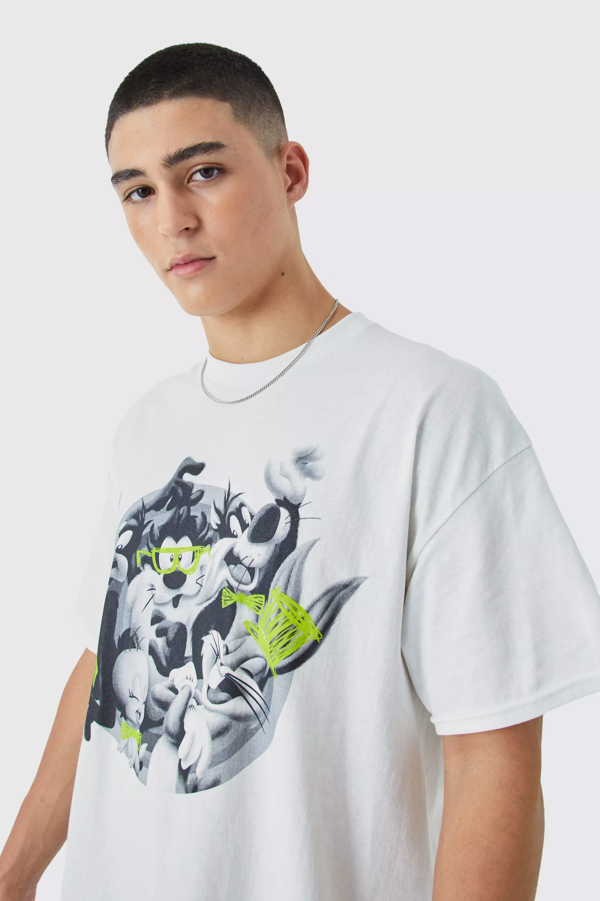 Oversized Looney Tunes Neon Graffiti License T-shirt White