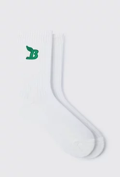 B Embroidered Sports Socks White