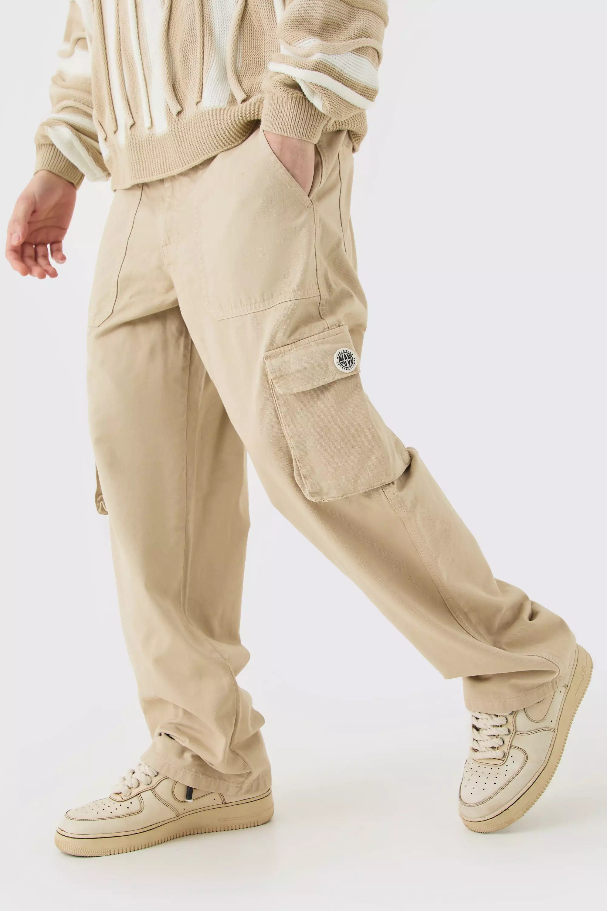 Stone Beige Fixed Waist Cargo Zip Trouser With Rubberised Tab