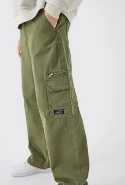 Fixed Waist Cargo Zip Trouser With Woven Tab Khaki