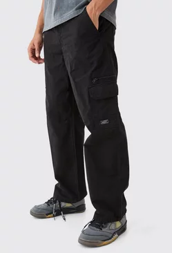 Fixed Waist Cargo Zip Trouser With Woven Tab Black