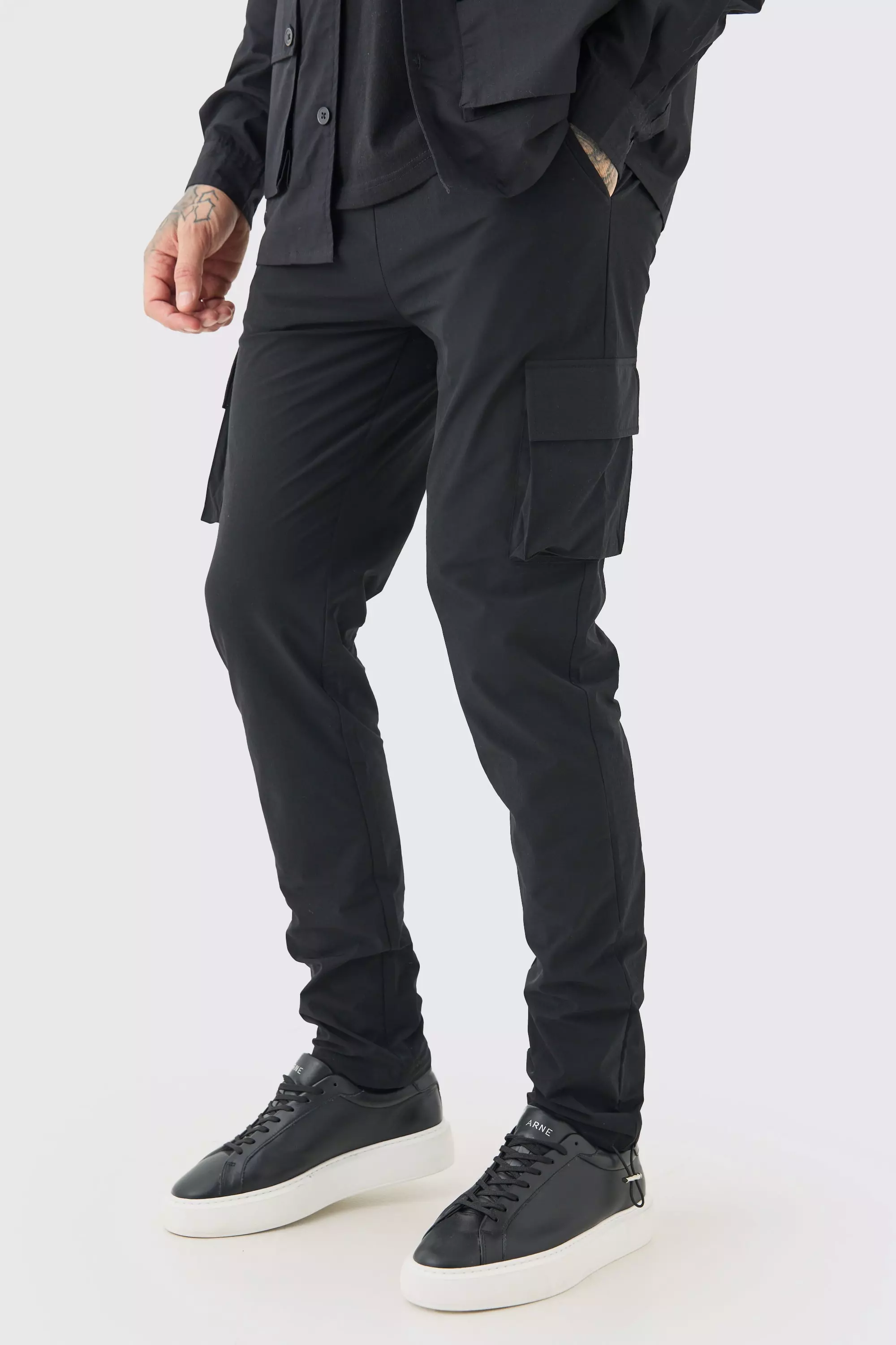 Black Tall Elasticated Waist Lightweight Stretch Skinny Cargo Pants