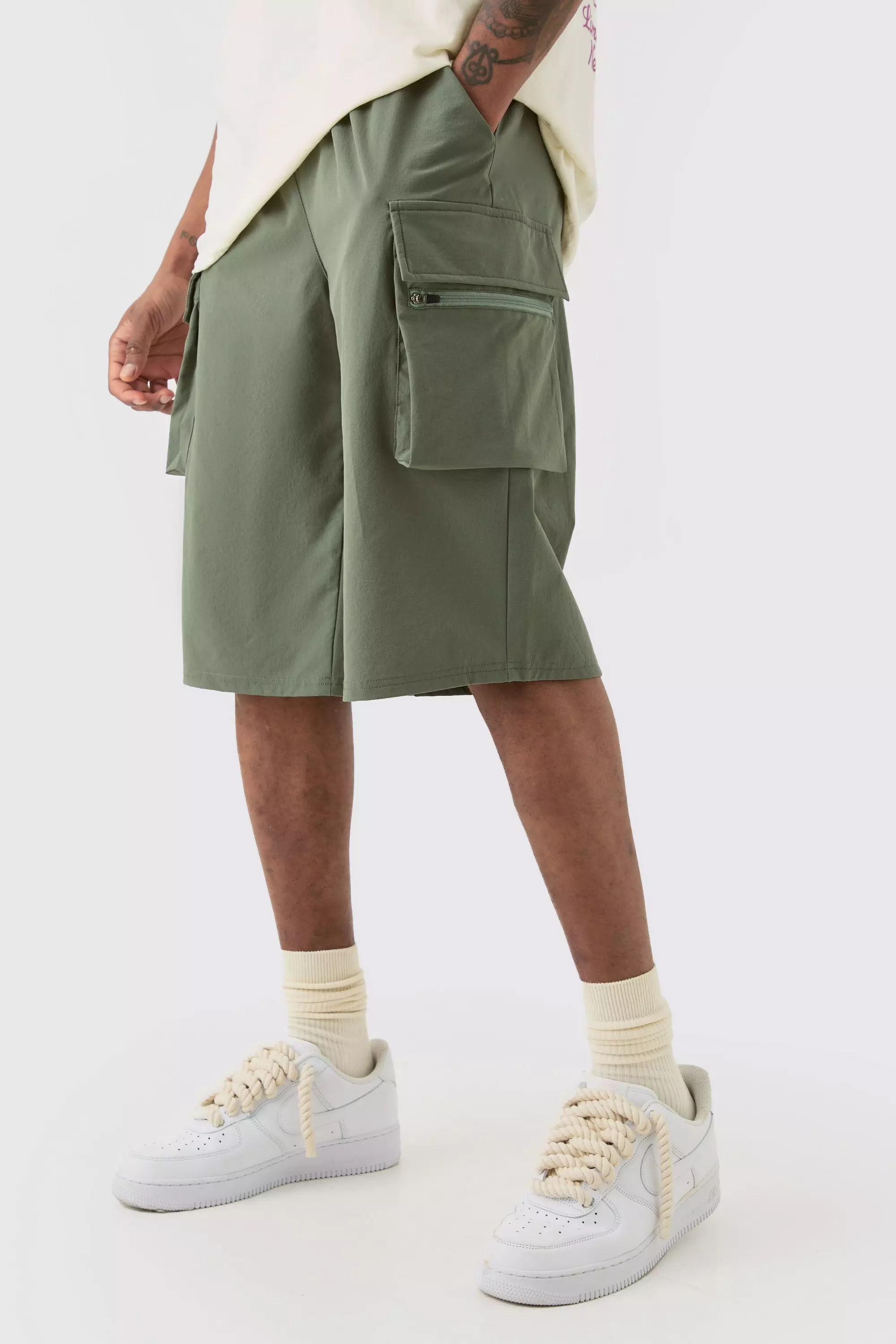 Khaki Tall Elastic Relaxed Lightweight Stretch Cargo Short Short