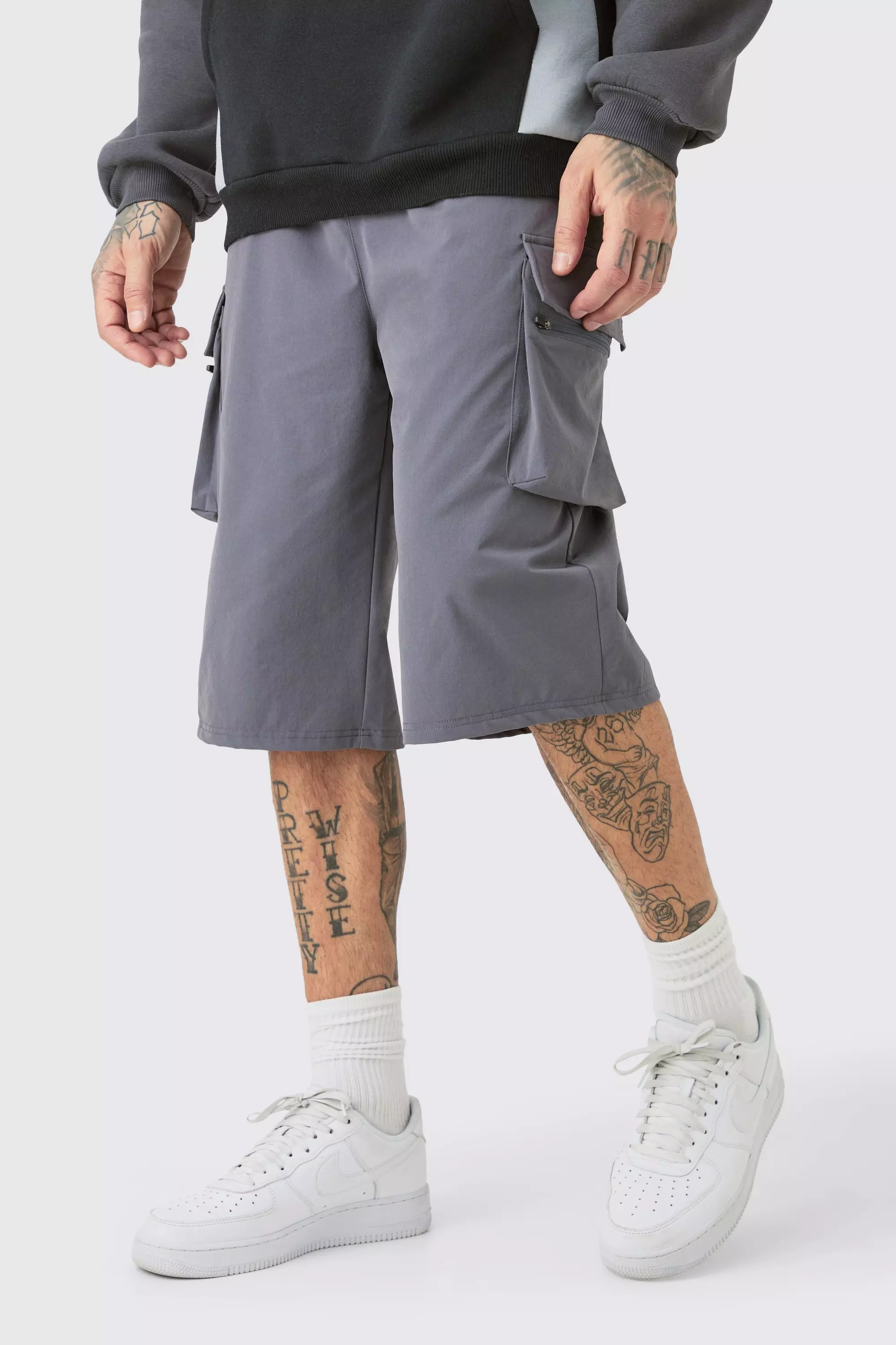 Tall Elasticated Waist Relaxed Lightweight Stretch Cargo Short Charcoal