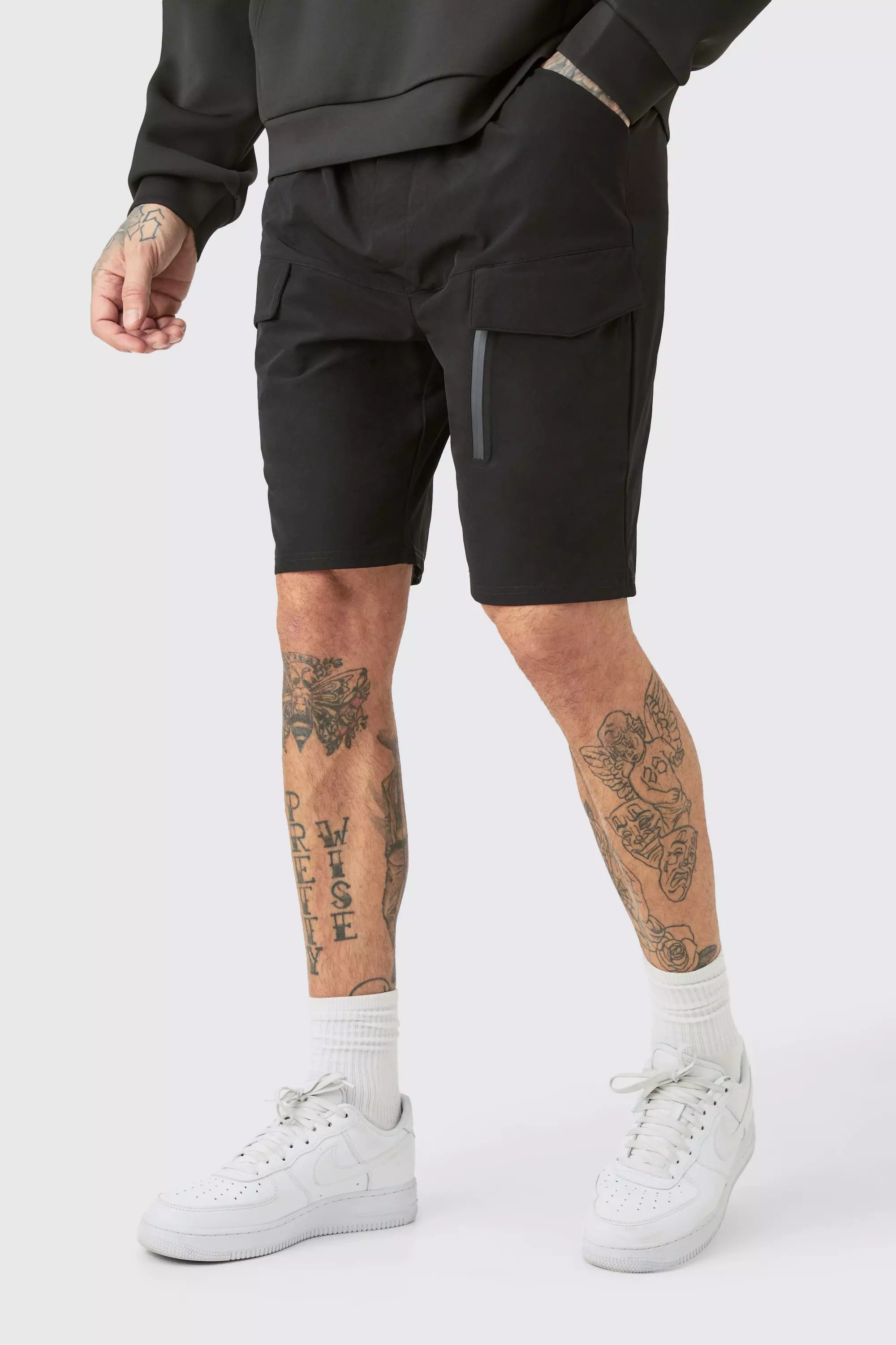 Tall Elasticated Waist Relaxed Lightweight Stretch Cargo Zip Short Black