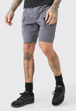 Charcoal Grey Tall Elastic Relaxed Lightweight Stretch Cargo Zip Short