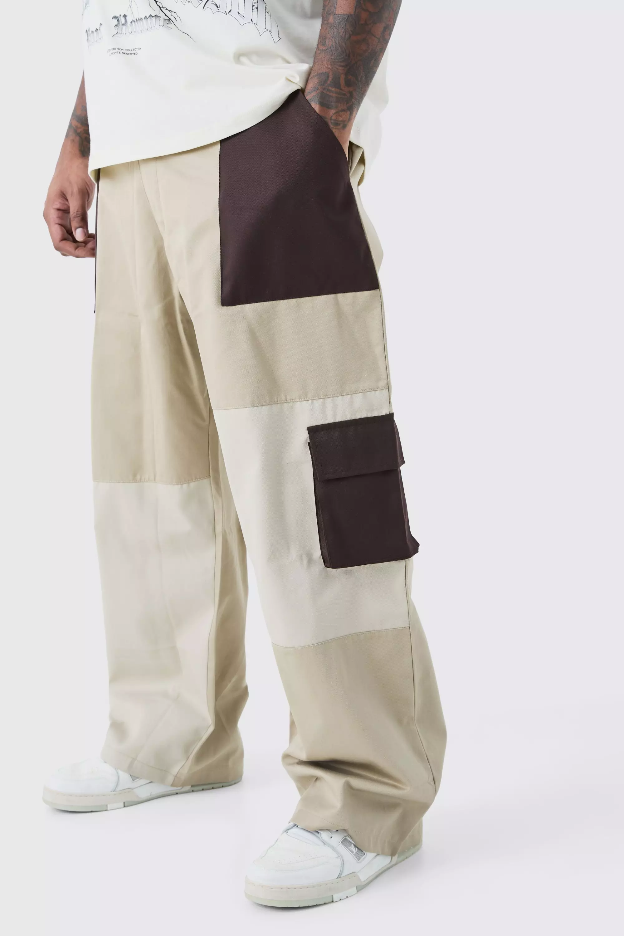 Chocolate Brown Plus Relaxed Fit Colour Block Cargo Trouser