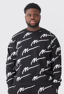 Black Plus Man Signature All Over Print Oversized Sweatshirt