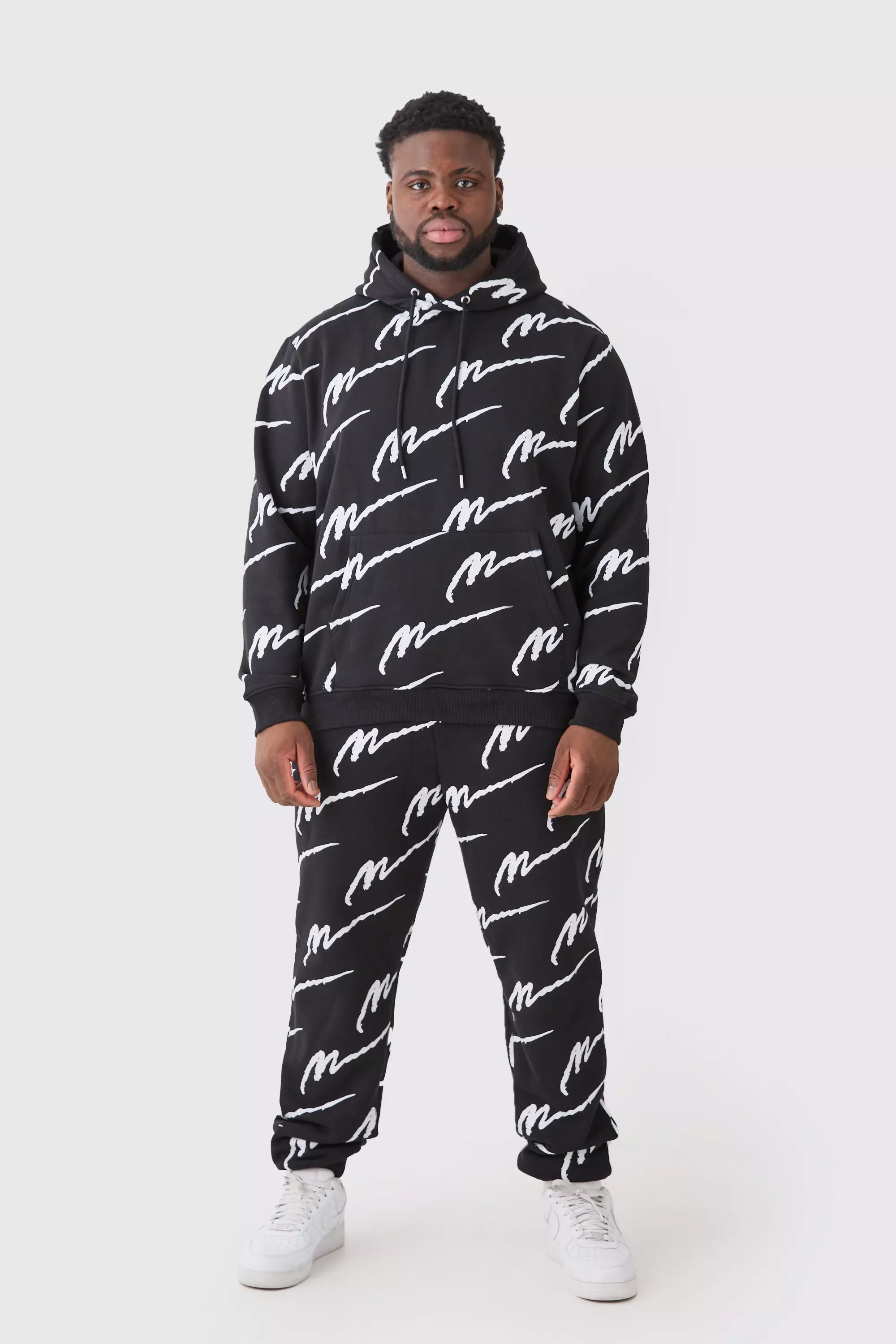 Plus Man Signature All Over Print Hoodie Tracksuit Black