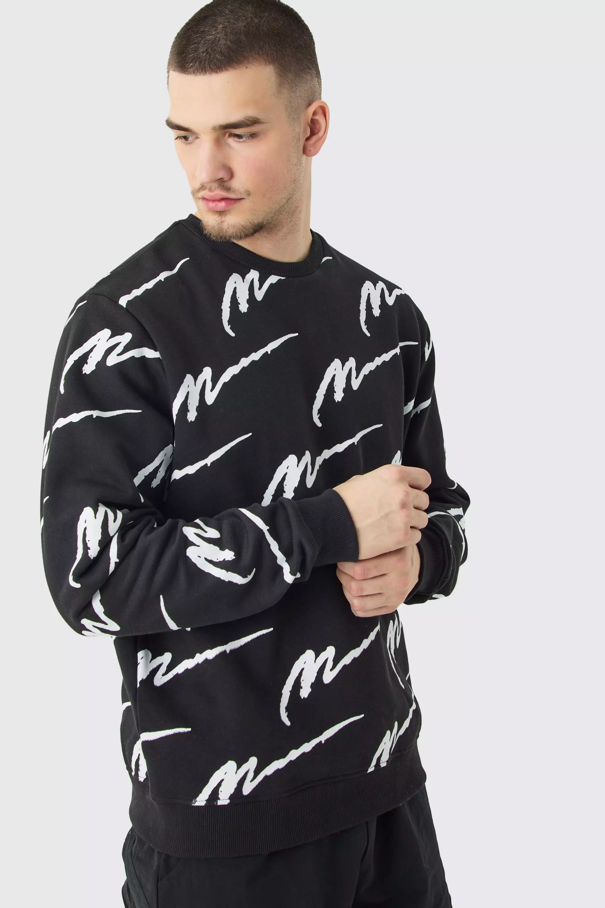 Black Tall Man Signature All Over Print Oversized Sweatshirt