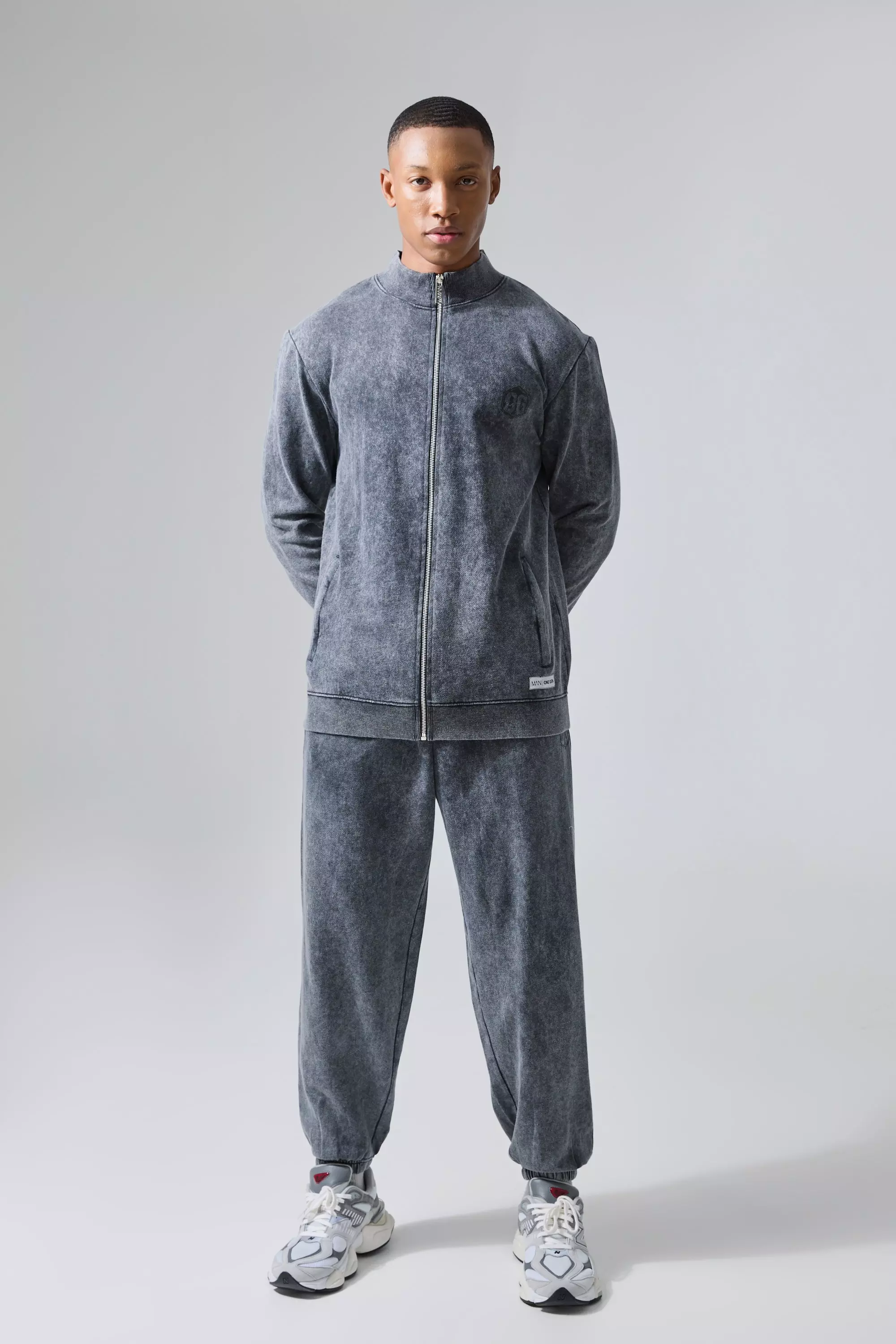 Man Active X Og Gym Washed Zip Through Funnel Neck Tracksuit Charcoal