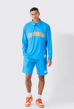 Blue Oversized Los Angeles Rugby Mesh Polo & Mesh Shorts Set