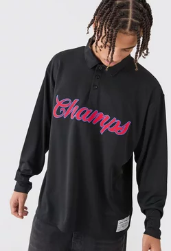 Black Oversized Champs Varsity Mesh Rugby Polo