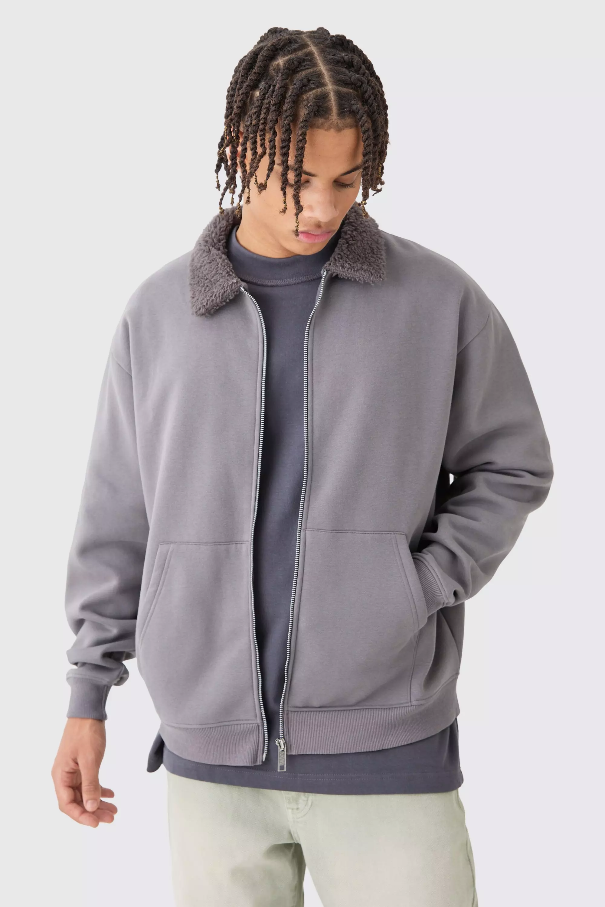 Oversized Jersey Borg Collar Bomber Charcoal
