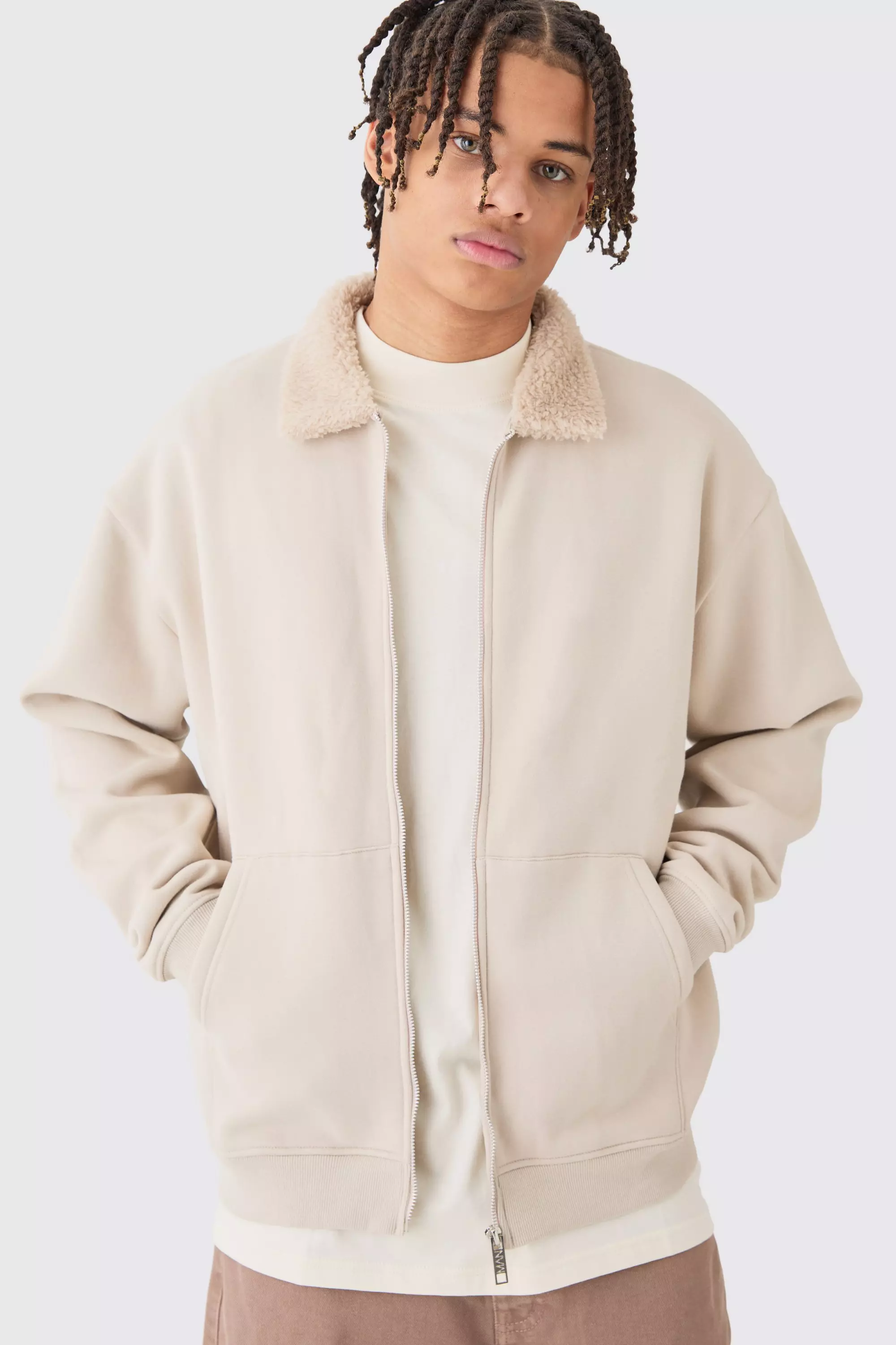 Oversized Jersey Borg Collar Bomber Taupe