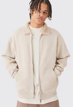 Oversized Jersey Borg Collar Bomber Taupe
