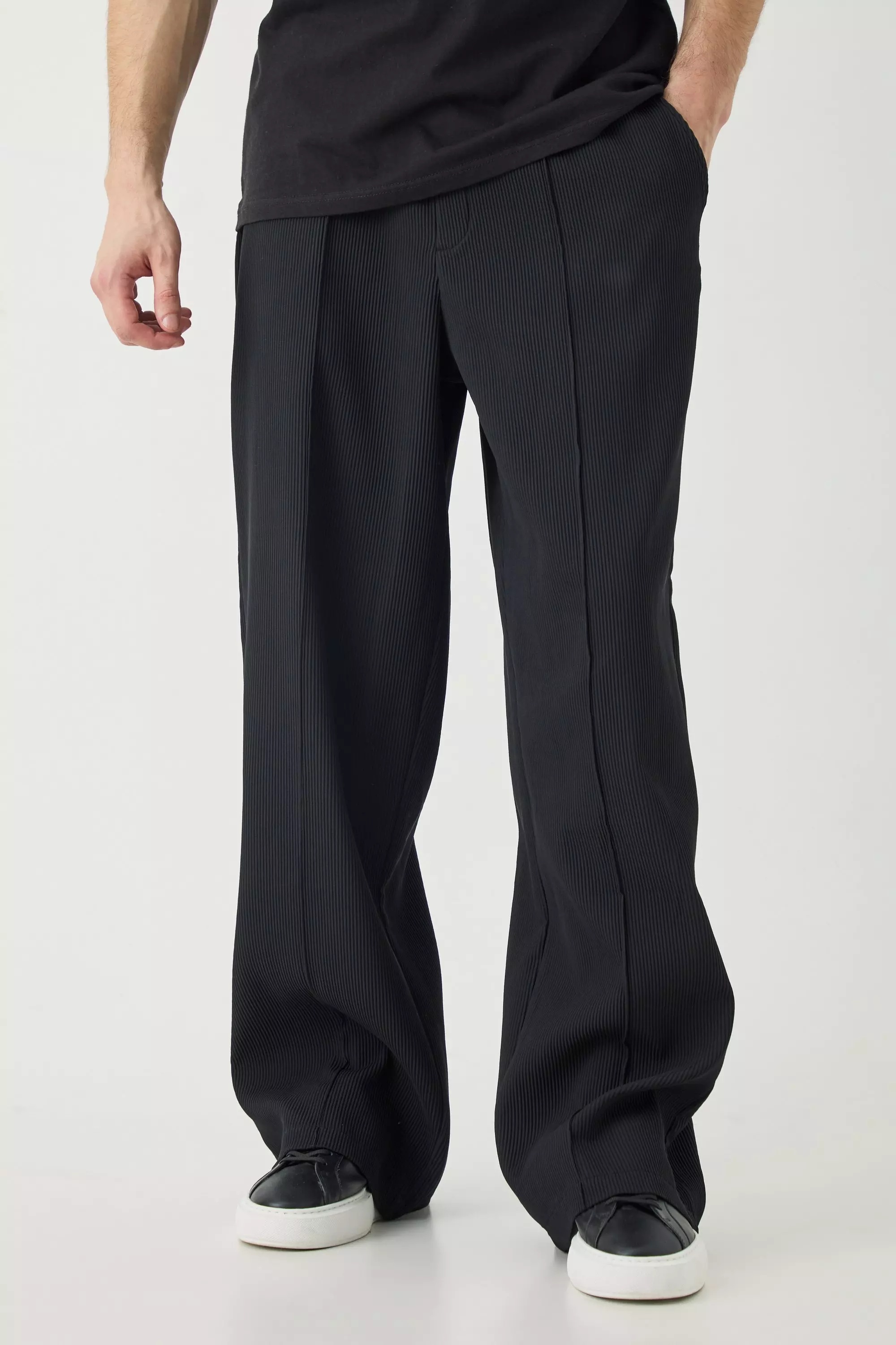 Tall Elasticated Waist Wide Leg Pleated Pintuck Seam Trouser Black