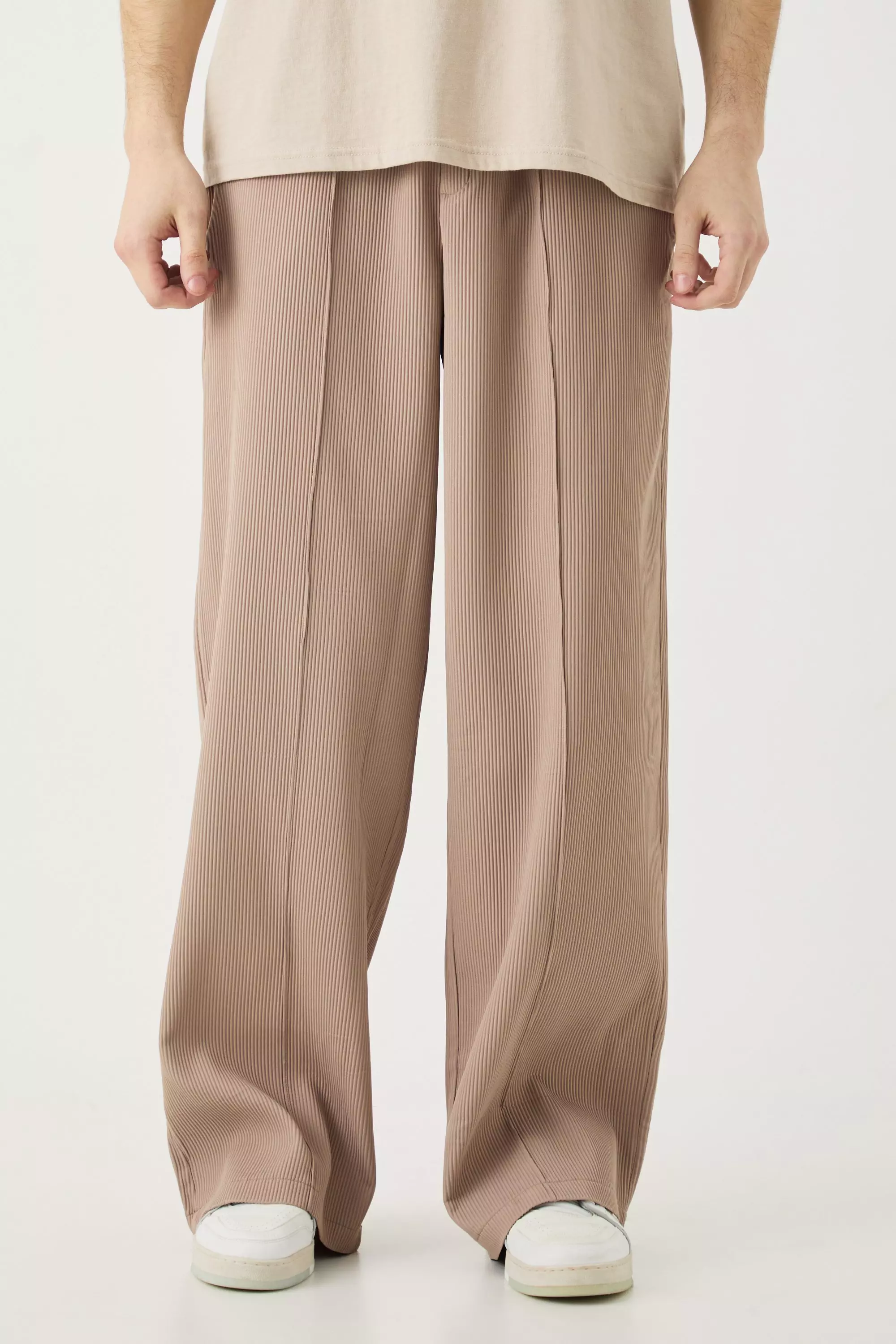 Tall Elasticated Waist Wide Leg Pleated Pintuck Seam Trouser Mocha