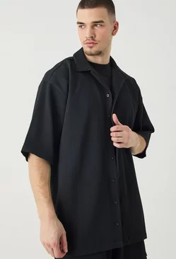 Tall Short Sleeve Oversized Revere Pleated Shirt Black