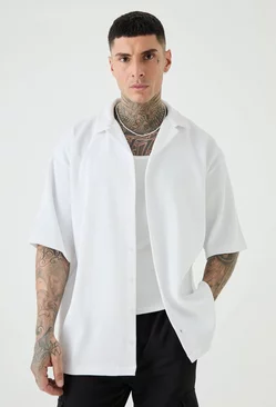 Tall Short Sleeve Oversized Revere Pleated Shirt White