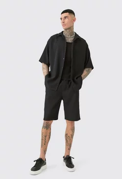 Tall Oversized Short Sleeve Pleated Shirt & Short Set Black
