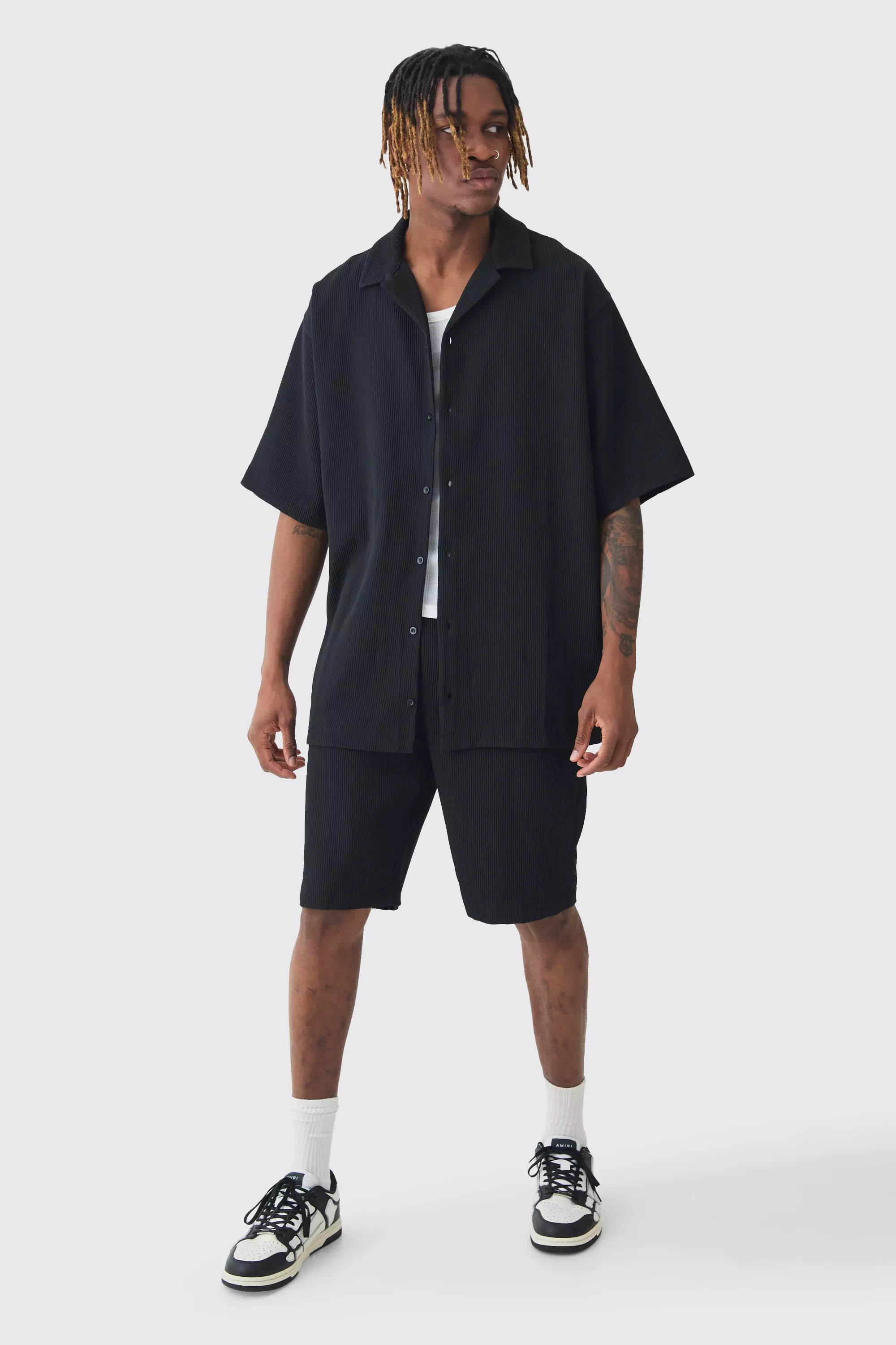 Tall Oversized Short Sleeve Pleated Shirt & Short Set Black