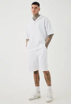 White Tall Oversized Short Sleeve Pleated Shirt & Short Set