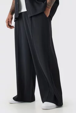 Black Plus Elasticated Waist Wide Leg Pleated Pintuck Seam Trouser