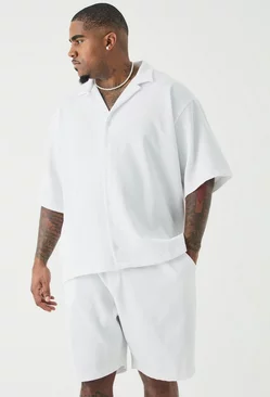 Plus Drop Revere Short Sleeve Pleated Shirt & Short Set White